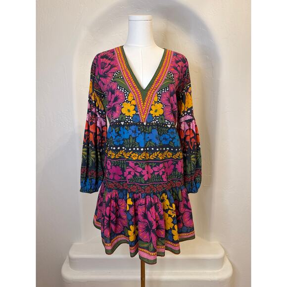 Farm Rio Anthropologie Bright Floral Cotton Mini V-Neck Puff Sleeve Dress Medium - Picture 2 of 7